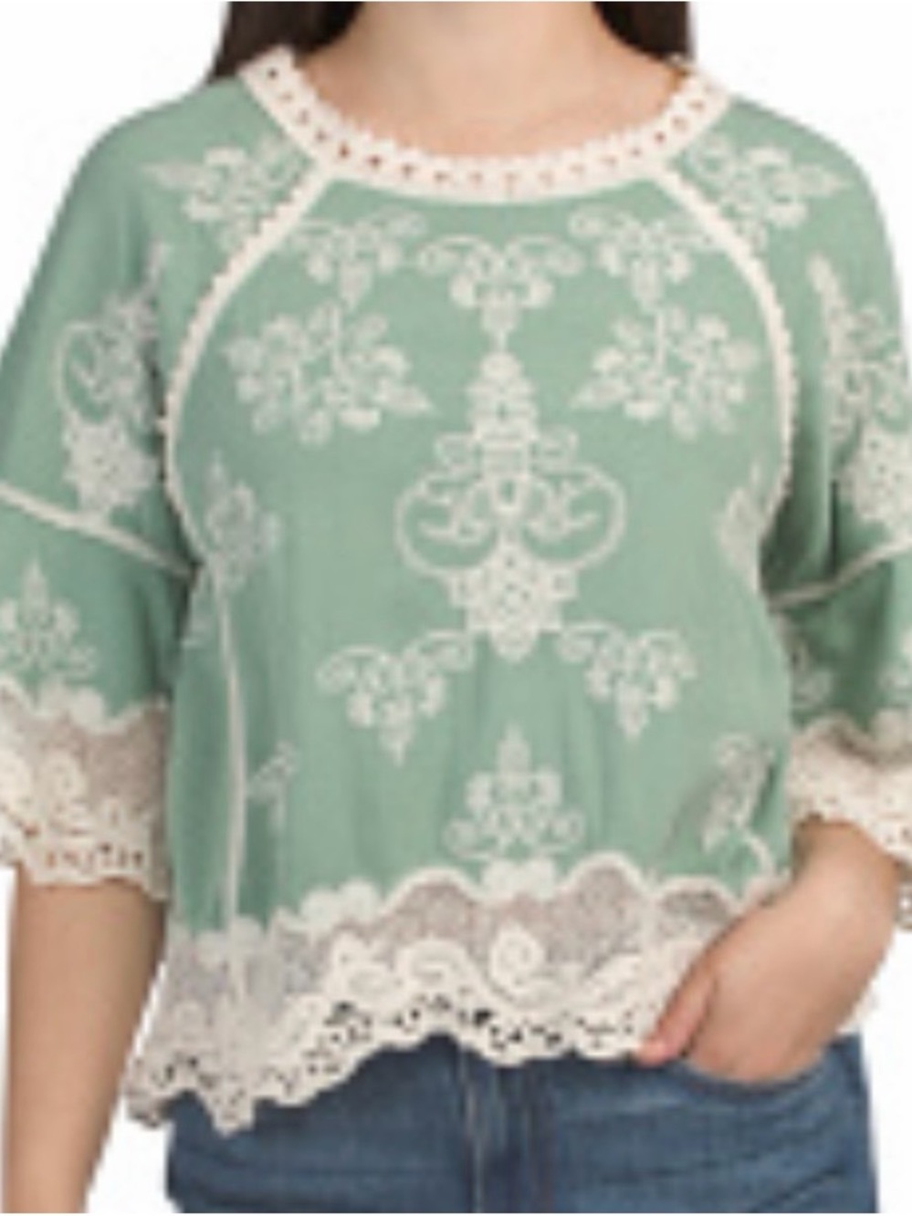 Democracy Size 2x Mint Green Lace-Trim Embroidered Scoop Neck Tunic